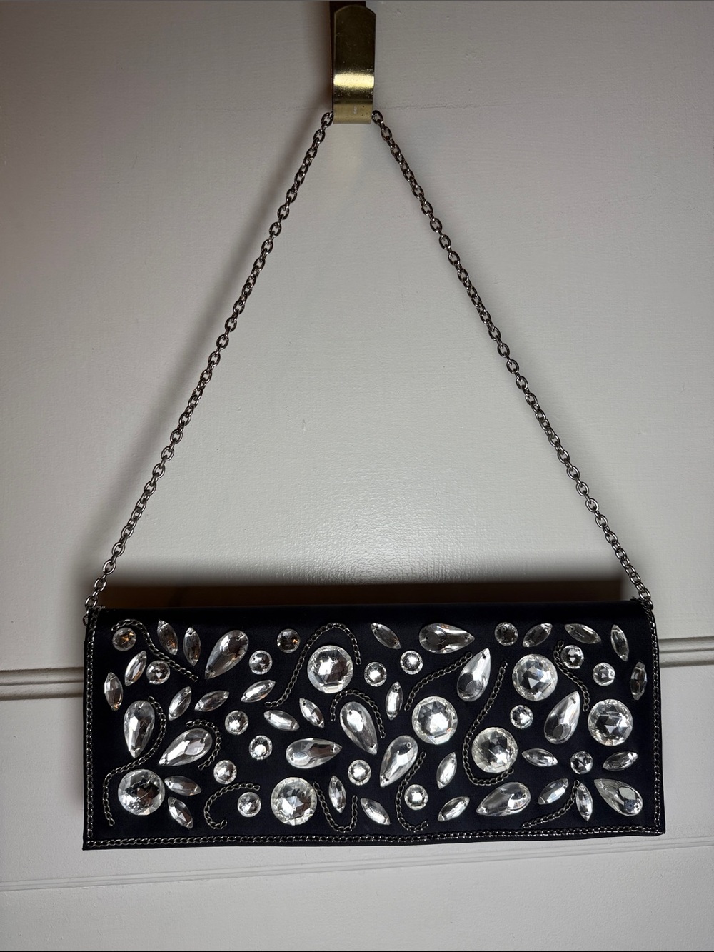 Inge Christopher Black Embellished Evening Clutch with Chain Strap